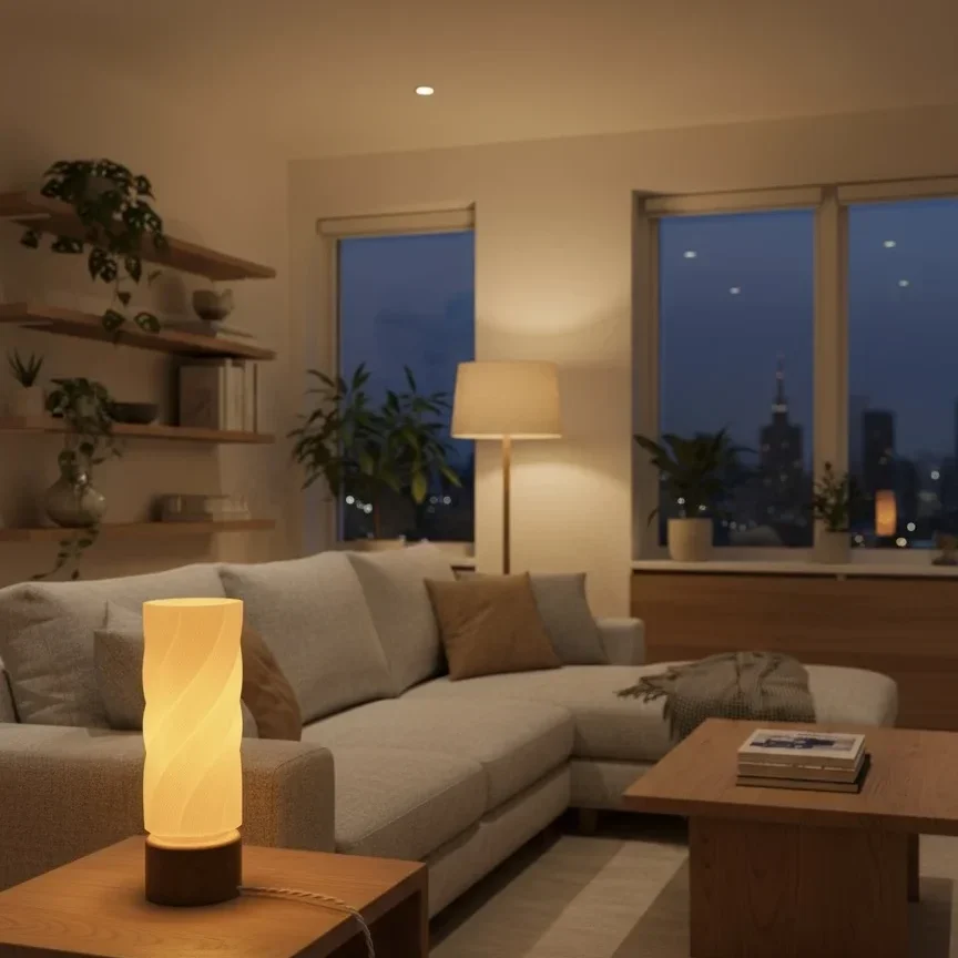 Himiko table lamp on a living room side table, casting warm white light